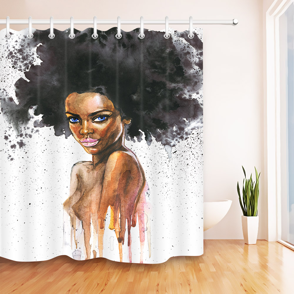 Waterproof Watercolor African American Afro Sexy Girl Art Shower