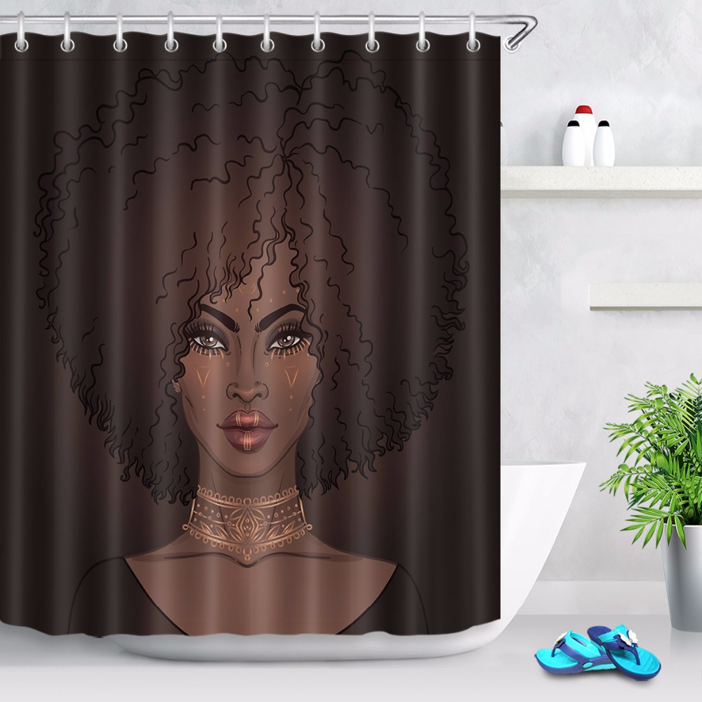 Green Light Spot Turban Afro Black Girl 72" Bathroom Shower Curtain Set US Stock 