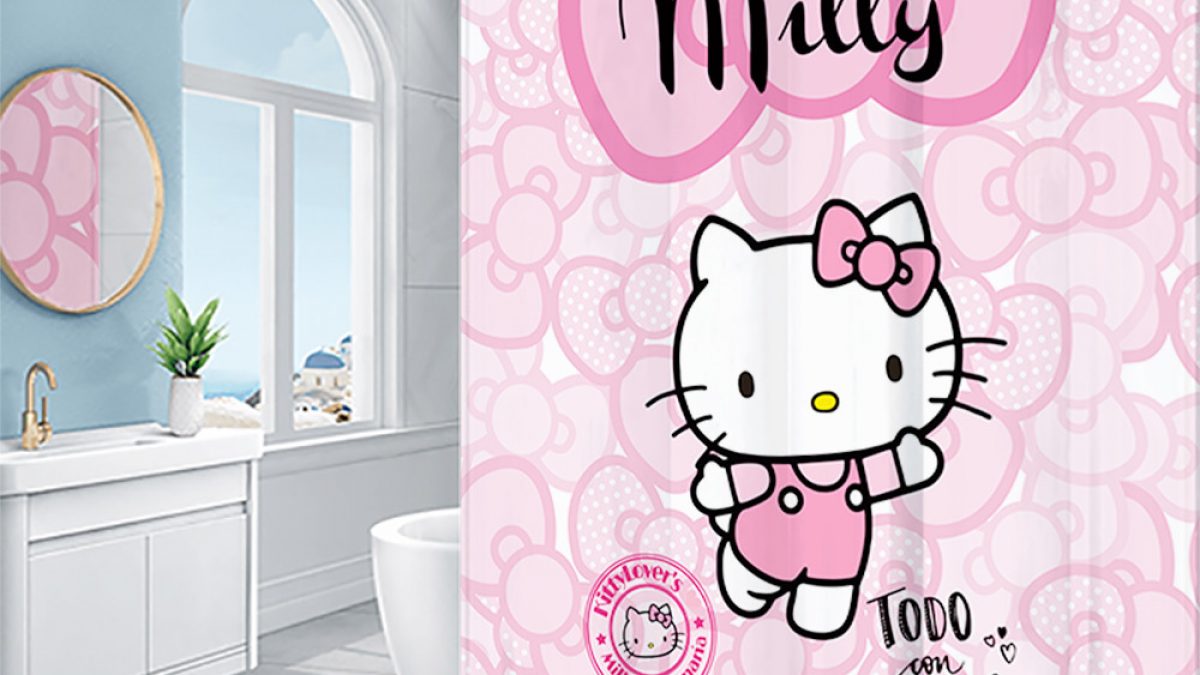 Cute Pink Hello Kitty Shower Curtain Waterproof Bathroom Decor with 10 Hooks