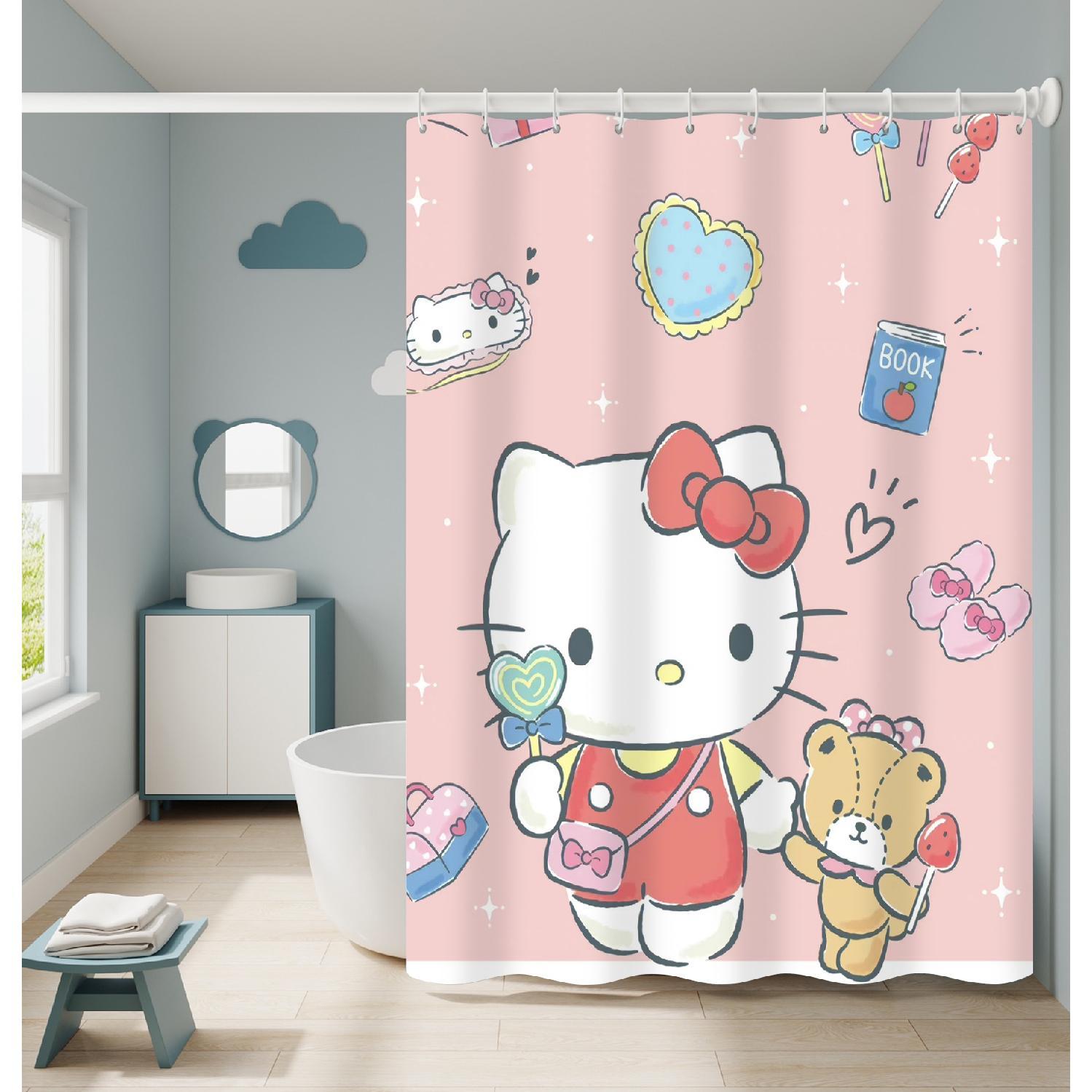 Cute Pink Hello Kitty Shower Curtain Waterproof Bathroom Decor with 10 Hooks